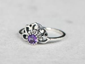 Anillo de Plata de Ley 925 Maciza, Estilo Vintage Simple, Chapado en Rodio, con Bisel, para Mujer/Unisex, con Amatista Natural, Mandala de Loto - Product Image 6