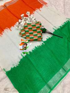 ผ้าส่าหรีลินินพิเศษสำหรับวันชาติ พร้อมลายปักดิ้นเงินสำหรับผู้หญิง ไม่มีลายพิมพ์ มีสินค้าในสต็อก ผลิตในอินเดีย - Product Image 5