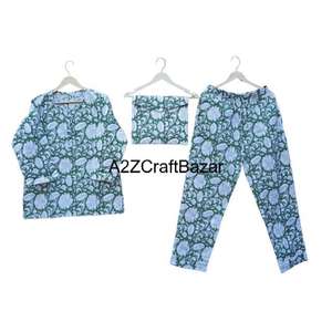 Conjunto de Pijama de Verano para Mujer con Estampado Floral, Cuello Redondo Suave, Mangas Largas, Cierre con Cordón, 100% Algodón de Punto - Product Image 1