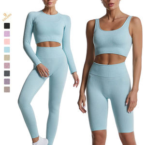Ensemble de vêtements de sport pour femmes, 5 pièces, sans couture, solide, pour la gym, le yoga, le fitness, haut court à manches longues, soutien-gorge de sport et short de cycliste - Product Image 1