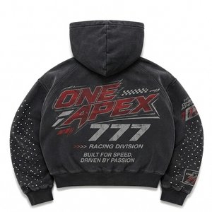 Black Racing <b>Zip</b> <b>Up</b> <b>Hoodie</b> Men Oversized Streetwear <b>Graphic</b> Fleece Sweatshirt Rhinestone Sleeve Custom Casual Fashion - Product Image 6