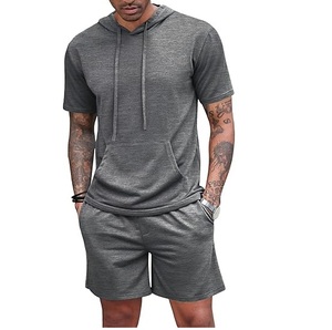 Custom Tracksuits for Men Pullover Hoodie and Short Set <b>Tank</b> Top Workout Joggers Cotton French Terry Men's Two Piece Hoodie Sets - Product Image 2