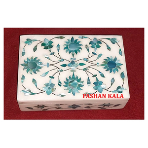 Très belle finition fine et marbre blanc pur avec incrustation de fleurs en nacre verte Boîte à bijoux pour cadeau d'affaires - Product Image 1
