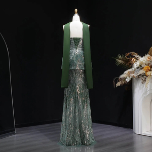 Robe de soirée de luxe Jancember LSZ781 vert foncé, élégante robe sirène, robe de soirée formelle lourdement perlée avec long châle - Product Image 3