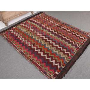 4.8x5.8 ft Rug, Turkish Vintage Area Rug, <b>Red</b> Kilim <b>Wool</b> Rug - Product Image 1