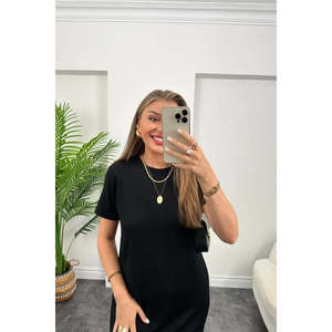 Robe en viscose à manches courtes et coupe ample pour femme avec détail fente, 36179 - Noir - Product Image 3