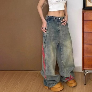 Denim de gran tamaño Nuevos Pantalones vaqueros de pierna recta casuales de moda para mujer con cordón de mezclilla lavada, versátil - Product Image 5