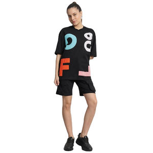 Conjunto doble gráfico para mujer, camiseta negra de gran tamaño con estampado abstracto colorido y pantalones cortos Cargo negros, ropa de calle informal, conjunto doble - Product Image 1