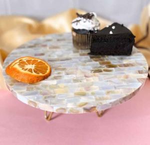 Elegant ARTISAN <b>CRAFT</b> Mother Pearl Cake Stand Handcrafted Eco-Friendly Dessert Stand Inlaid Shell Detailing Customizable Size - Product Image 3