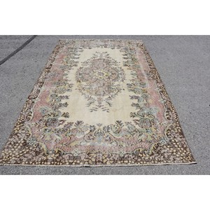 Vintage Turkish Rug 5.7 X 9.1ft Beige <b>Brown</b> <b>Wool</b> Flat Weave Patchwork Pattern for Living Room Decor Hallway Use Latex Backing - Product Image 1
