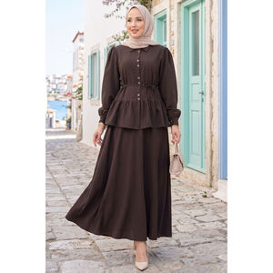 Ensemble deux pièces style club marron café, jupe boutonnée et hauts de sport longs, coupe ajustée, en tricot de coton imprimé XL pour l'été - Product Image 1