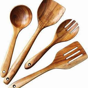 Ensemble de cuillères en bois d'acacia naturel antiadhésives, serveur à salade, bois naturel avec 2 spatules, ustensiles durables faits à la main - Product Image 2