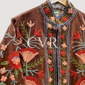 Abrigo de Terciopelo con Bordado Floral a Mano, Cuello Mandarín, Manga Larga, Talla Grande, Ropa de Abrigo Casual para Mujer, Otoño - Product Image 4