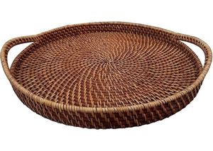 Plateau en rotin de bambou fait main plateau en rotin avec poignée tissé à la main rond haut mur plateaux de séparation des aliments multi-usages - Product Image 3