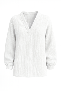 Haut en tricot gaufré décontracté pour femmes, col en V, manches longues, avec tissu texturé doux, pull pour femmes, commandes en gros d'usine - Product Image 4