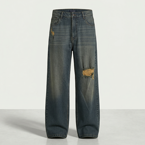 Jean en denim déchiré et vieilli coupe droite pour homme, taille mi-haute, en coton, style décontracté, tissu tissé, commande en gros, étiquette personnalisée - Product Image 1