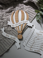 Cadre photo en bois personnalisable avec lettres en relief, thème montgolfière, pour marquer les étapes mensuelles de bébé
