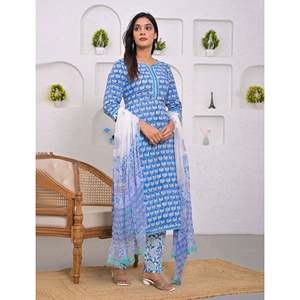 Blue Hand-Drawn <b>Block</b> <b>Printed</b> Cotton Kurta Pant Set with Dupatta Ethnic Indian Wedding and Party Wear Stitched - Product Image 4