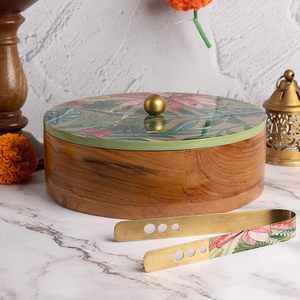 Casserole en bois de manguier vert de 9 pouces de diamètre avec couvercle en céramique et revêtement émaillé pour roti/chapati, ustensile de cuisine durable avec pince - Product Image 3