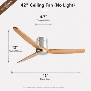 42 Inch Contemporary Wood Ceiling <b>Fan</b> Without Light <b>with</b> 3 Solid Wood Blades Brushed Nickel Flush Mount Design - Product Image 5
