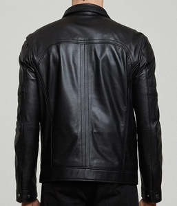 Nouvelle mode veste en cuir de mouton pour hommes de couleur unie Streetwear confortable avec logo avant à col montant - Product Image 6