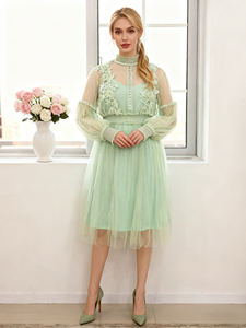 2026 Customizable Lavender Mesh Dress with Floral Lace Elegant High Neck Long Sleeve Cocktail Party Dress for Women - Product Image 4