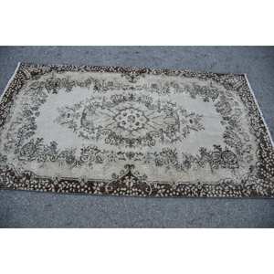 Tapis traditionnel en laine marron beige 3.8x6.8 pieds fait à la main Design patchwork turc pour entrée couloir salon utiliser Latex - Product Image 3