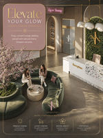 Présentation du mobilier de salon de beauté biophilique : comptoir d'accueil en terrazzo, lit de soin mauve et canapé circulaire vert pour salon moderne