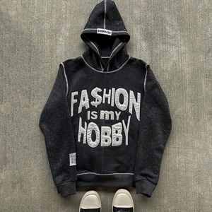 New Fashion Custom Men's <b>Hoodie</b> 100% Cotton <b>Zip</b> <b>Up</b> <b>Hoodie</b> Acid Wash Embroidery Logo Patch Work Full Rhinestone <b>Zip</b> <b>Up</b> <b>Hoodie</b> - Product Image 3