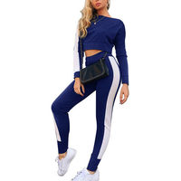 Conjunto Deportivo de 2 Piezas para Mujer, Transpirable, de Spandex y Poliéster, Top Corto de Manga Larga con Franja Lateral y Leggings hasta el Tobillo