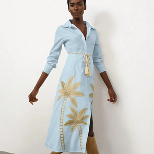 Vestido de verano personalizado de fabricante de ropa, falda acampanada de lino y algodón, vestidos Maxi bordados al por mayor, ropa de mujer - Product Image 1