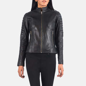 Women Genuine <b>Leather</b> Moto <b>Jacket</b> Stand Collar Zipper Closure Full Sleeve Solid Black Regular Fit Autumn Wear - Product Image 6