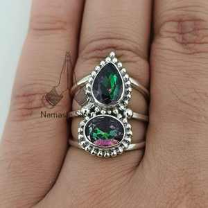 Mystic Topaz & Dual Gemstone Sterling Silver Handmade <b>Statement</b> <b>Ring</b> 18K Plating Anniversary Birthday Christmas Gift for Women - Product Image 1