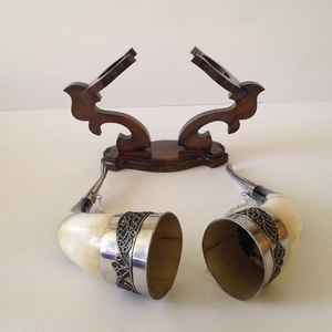 Natural Decorative Viking Drinking Horn Polished Shell Religious Style Metal Unique Wooden Stand Religious Modern Design - Product Image 1