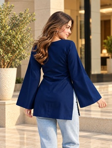 Women’s Solid Navy Blue V Neck Bell Sleeve Tunic <b>Top</b> – Wholesale Casual Fashion Blouse v-Neck <b>Dress</b> Woven Polyester Rayon - Product Image 3