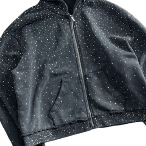 Sweat à capuche zippé noir avec strass, style streetwear, tendance, chaud, en coton, unisexe, design de créateur, pull d'automne - Product Image 5