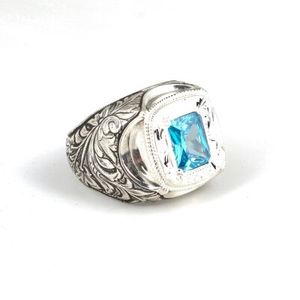 925 Sterling <b>Silver</b> Men's <b>Ring</b> Rectangular Aquamarine Stone Hand-Engraved Everyday Wear Featuring <b>Emerald</b> Oval Certified IGI - Product Image 2