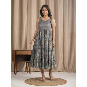 เดรสผ้าฝ้ายมัลมัลสีเทา สายผูกไหล่ พิมพ์ลายบล็อกด้วยมือ สไตล์ลำลอง เอวธรรมชาติ ระบายอากาศได้ดี - Product Image 4