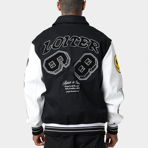 แจ็กเก็ตเบสบอลผ้าฟลีซแขนหนังแท้สีดำปักด้วยกำมะหยี่สไตล์ฤดูหนาวงานตามสั่ง - Product Image 6