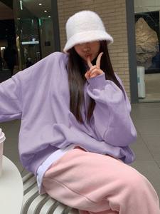 Lavande surdimensionné sweat femmes goutte épaule pull à manches longues coton polaire coupe ample Streetwear décontracté vêtements d'hiver - Product Image 5