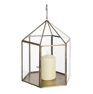 Linterna de vela de metal y vidrio de nuevo diseño en borde con acabado dorado con forma geométrica para decoración de interiores - Product Image 1