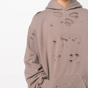 Streetwear Custom Logo Blank Cotton Unisex Long Sleeves Pullover Sweatshirts Taupe Distressed Acid Washed Hoodies for Men - Product Image 6