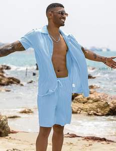 ชุดเซ็ตฤดูร้อนผู้ชาย 2 ชิ้น เสื้อเชิ้ตแขนสั้นติดกระดุมลำลองและกางเกงขาสั้น ระบายอากาศได้ดี คุณภาพพรีเมียม - Product Image 3