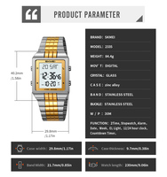 Montre carrée numérique de luxe pour homme SKMEI 2335 - Bracelet en acier inoxydable, étanche, montre-bracelet dorée avec boîtier en alliage et alarme