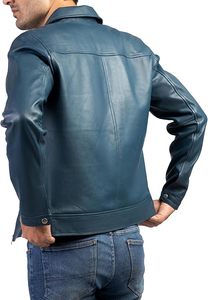 Veste en cuir bleu pour homme sur mesure, cuir véritable, style motard décontracté pour l'exportation, fermeture éclair sur le devant, coupe ajustée, vêtements d'extérieur décontractés, vente en gros - Product Image 3