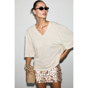 T-shirt confortable à col en V en mélange de coton biologique et de lin pour femme GRIMELANGE SYLORA - Product Image 1
