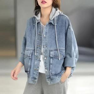 100% coton biologique délavé Denim veste élégante en gros à capuche jean veste décontracté respirant court femme veste - Product Image 2