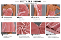 Robe midi en velours rose poudré pour femme, buste froncé, bretelles spaghetti ajustables, fente haute, coupe ajustée, OEM ODM, vente en gros