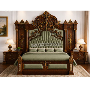 Grand Deluxe Teak Wood High Back Bedroom with Upholstered Back With <b>Dressing</b> <b>Table</b> Luxury King Queen Highback Headboard Bed Set - Product Image 1