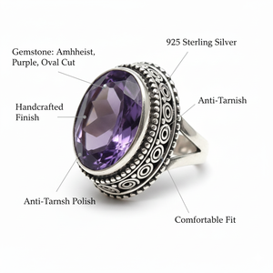 แหวนเงินแท้ 925 ชุบโรเดียม ประดับพลอยอะมีทิสต์ธรรมชาติ สำหรับงานแต่งงาน งานหมั้น และงานเลี้ยง - Product Image 2